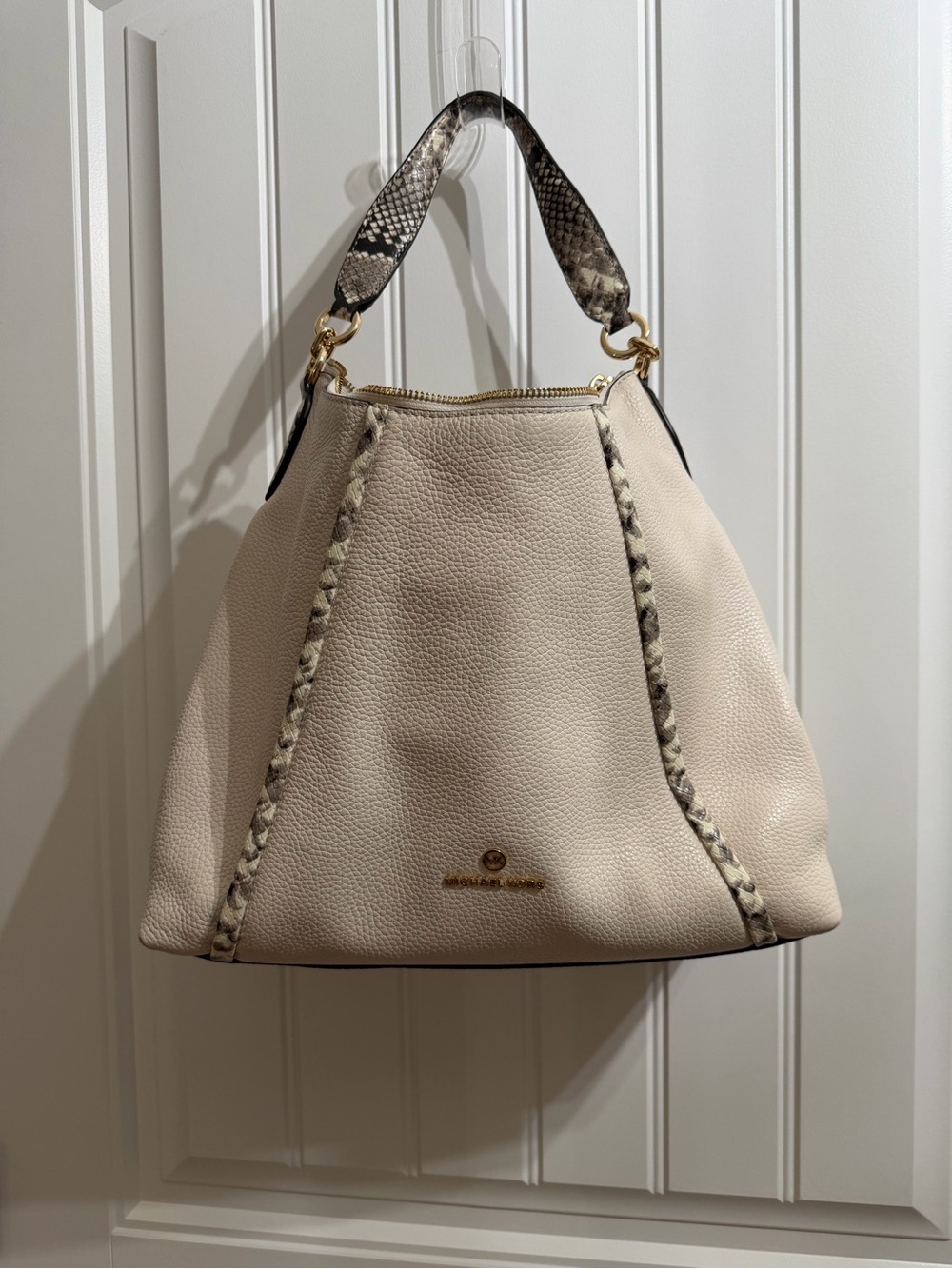MICHAEL Michael Kors Cream Leather Hobo Bag with Snake-Print Trim